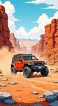 A high-octane off-road vehicle charging through a dusty canyon., anime style