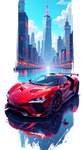 A metallic red supercar flashes under the neon glow of a futuristic urban skyline., CharacterDesignF