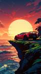 Under a warm golden sunset, an aggressive, cherry-red supercar stands majestically on a cliffside ov