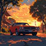 A classic muscle car from the late 60s, parked on a quiet suburban street under the golden hues of a