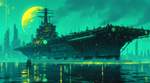Best quality, highly aesthetic cyberpunk cityscape, futuristic aircraft carrier, neon lights, turquo
