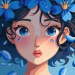 A close-up of a woman's face adorned with blue flowers. Her large eyes show deep emotions, and her s