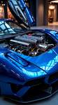 A striking royal blue supercar with a pearlescent finish is prominently displayed against the backdr