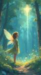 A small fairy girl with sparkling wings on her back, a glowing star floating above her head, a dream