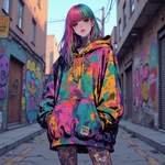 An anime-style streetwear girl with vibrant rainbow hair, oversized hoodie with graffiti designs, bo