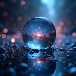 A transparent orb containing the universe, filled with shimmering nebulae and stars, surrounded by g