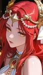 A woman wearing an elegant dress with long red hair, golden eyes, a mysterious dark background, a st