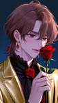 A man wearing a lavish golden jacket under the moonlight is holding a red rose. He has soft brown ha