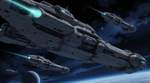 A battle scene from Legend of the Galactic Heroes, where spaceships are engaged in combat. Unique ch