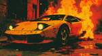Screenprint photo in the style of Andy Warhol of a Lamborghini set on fire