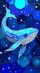 A stained-glass whale, its body made of silver-blue glass, swimming through a cosmic sea. The backgr