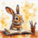 Children's book illustration in the style of Marta Altés, A rabbit, writing a letter, table, book, p