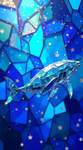 A stained-glass whale, its body made of silver-blue glass, swimming through a cosmic sea. The backgr