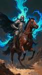 A fantasy-style skeletal knight in heavy armor riding a horse, illuminated by a dark background and 