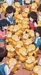 masterpiece, best quality, good quality, newest, 1pokemon, psyduck, elementary school, student, many