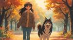 A 20s Asian woman walking in a park with a Malamute. She is smiling happily while walking under the 