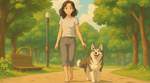Asian woman in her 20s walking in a park with a Malamute. It is a sunny day, and she is walking with