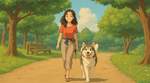 A 20s Asian woman walking in a park with a Malamute. She is smiling happily while walking under the 