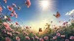 A beautiful butterfly flying over a flower garden, detailed description of delicate wings, vibrant c