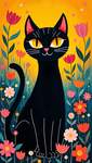 Gustav Klimt-style painting of a black cat in a flower garden, simple yet colorful, cute and cartoon