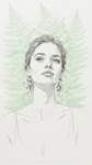 A calm, front-facing portrait where fern fronds outside the frame naturally interact with the woman'