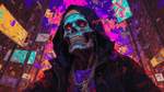 A gritty and intense hip-hop zombie emerges from the shadows, decorated with urban streetwear, graff