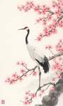 A crane flying between cherry blossoms with delicate brushwork, emphasizing the emotion and natural 