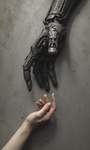 A realistic depiction of a cyborg hand and a human hand touching each other, with the cyborg hand po