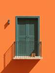 A bold minimalist editorial illustration featuring a solitary Mediterranean balcony set against a fl
