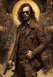 A rugged man with a beard wearing a leather jacket and sunglasses, holding a pistol confidently, set