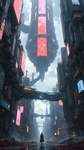 A vast future city, 4-point perspective, viewpoint looking up at the sky, a gigantic ship flying bet