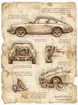 Porsche 911 blueprint sketched in Leonardo da Vinci style, with an aged paper texture