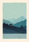 A minimalist flat illustration featuring a tranquil night landscape rendered in a muted blue and cre