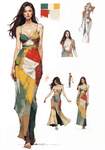 A sophisticated Asian female model wearing a friendly-colored patchwork dress, with a clean white ba
