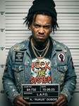 A mugshot of a hip-hop artist, rebellious attitude, detailed accessories and clothing description