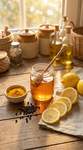 closed up Golden honey in jar, bright turmeric powder, black peppercorns, fresh lemon sliced, beauti