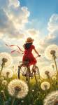 a girl in her red ribboned dress is riding her bicycle in the middle of a field of extremely large d